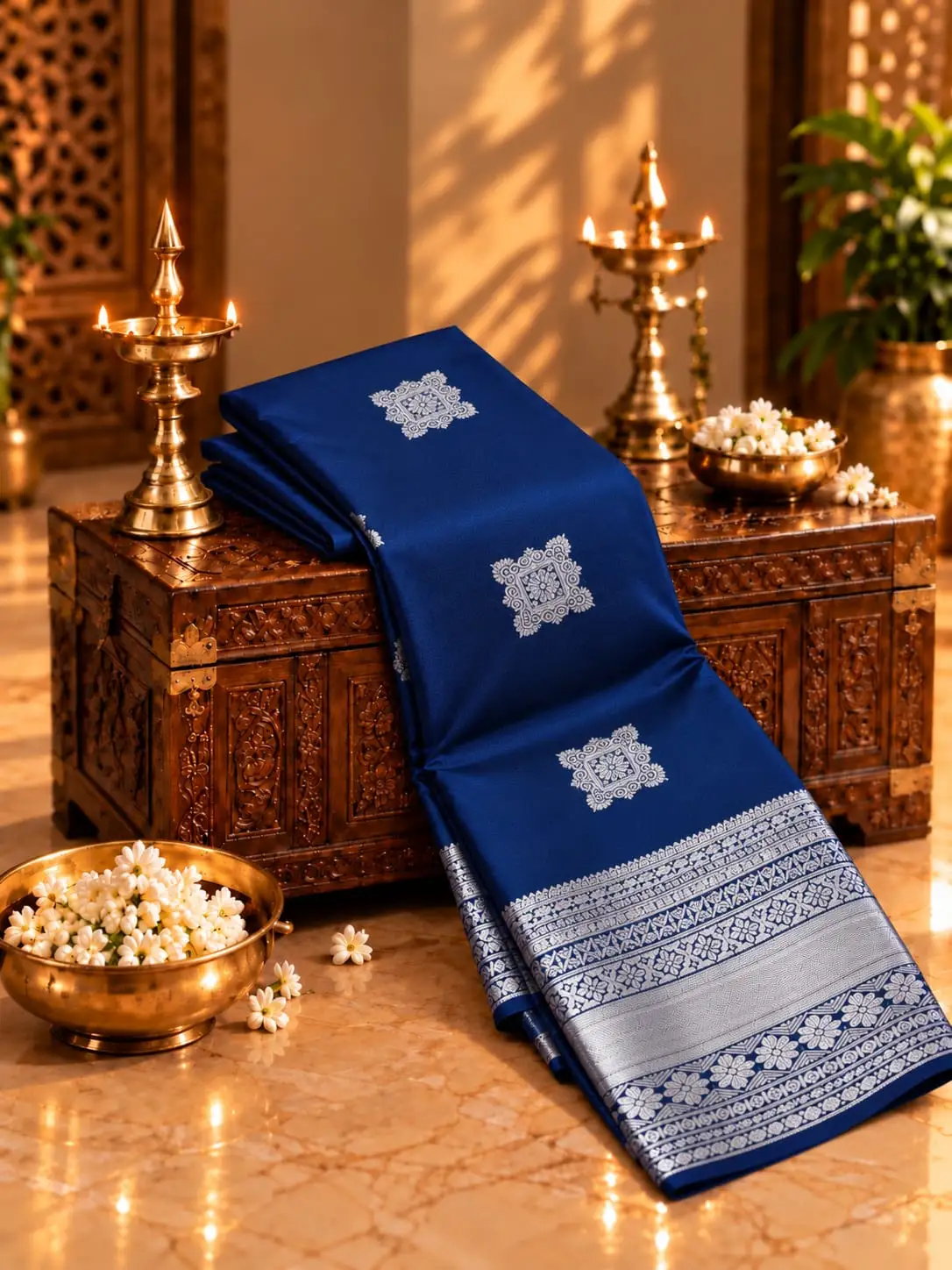Floral Medallion Zari Border Soft Silk Saree